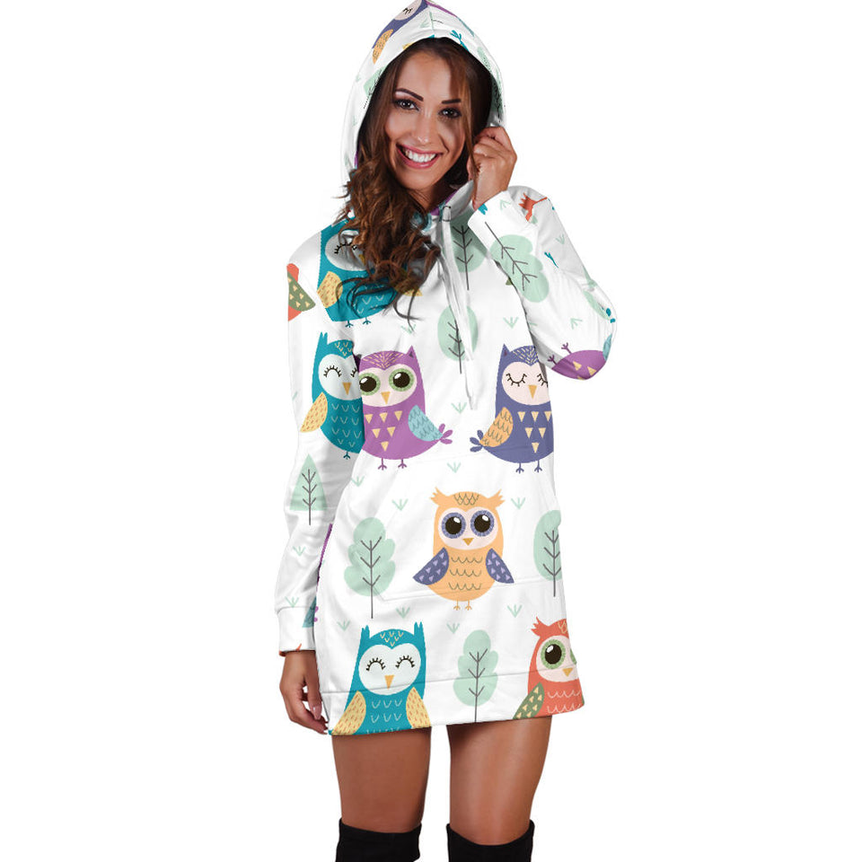Cute Owl Pattern Women'S Hoodie Dress