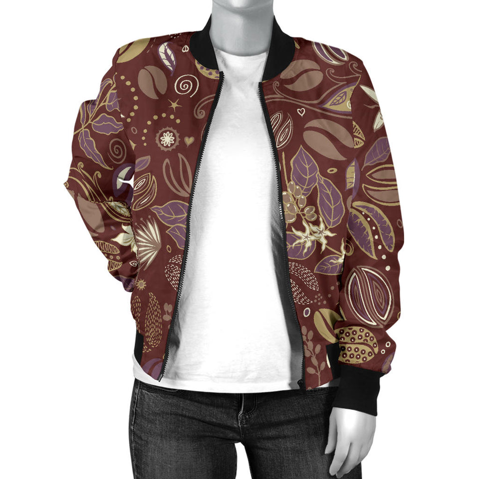 Coffee Bean Flower Pattern Women'S Bomber Jacket
