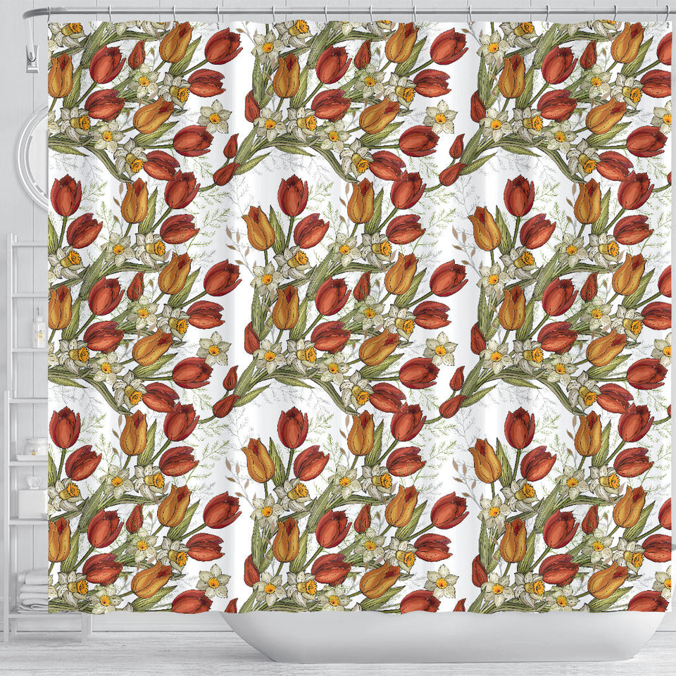 Red Tulips And Daffodils Pattern Shower Curtain Fulfilled In US