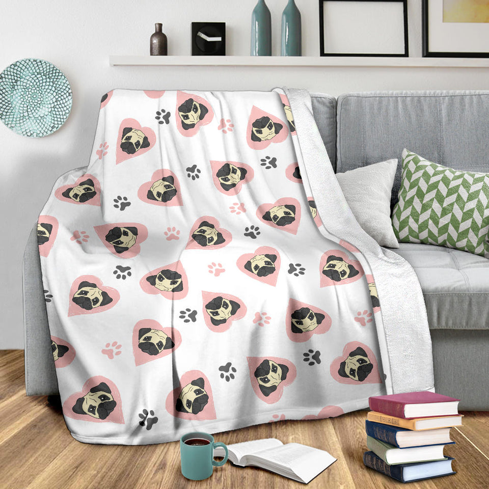 Cute Pugs Pink Heart Paw Pattern Premium Blanket
