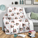 Cute Pugs Pink Heart Paw Pattern Premium Blanket
