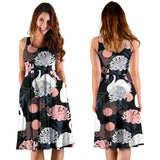 White Swan Blooming Flower Pattern Sleeveless Midi Dress