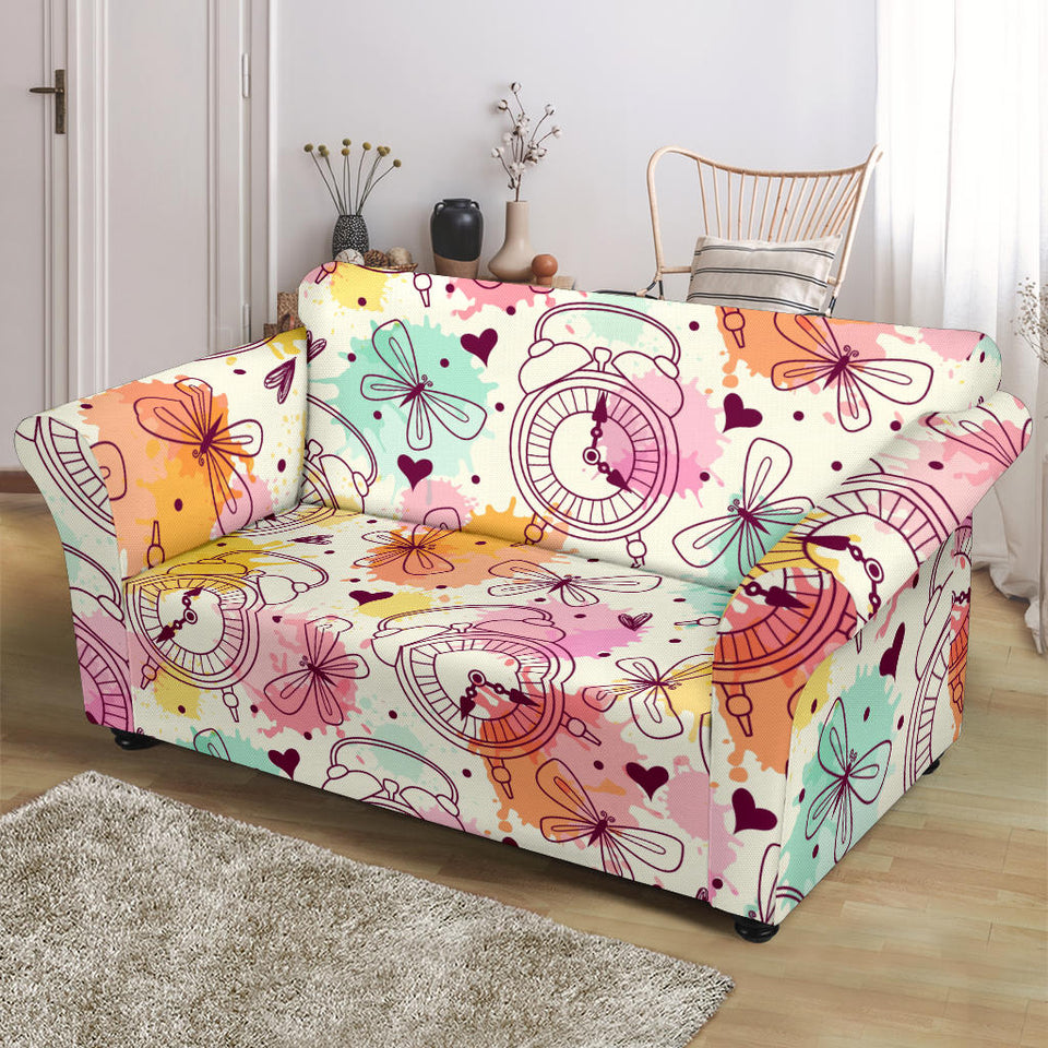 Clock Butterfly Pattern Loveseat Couch Slipcover