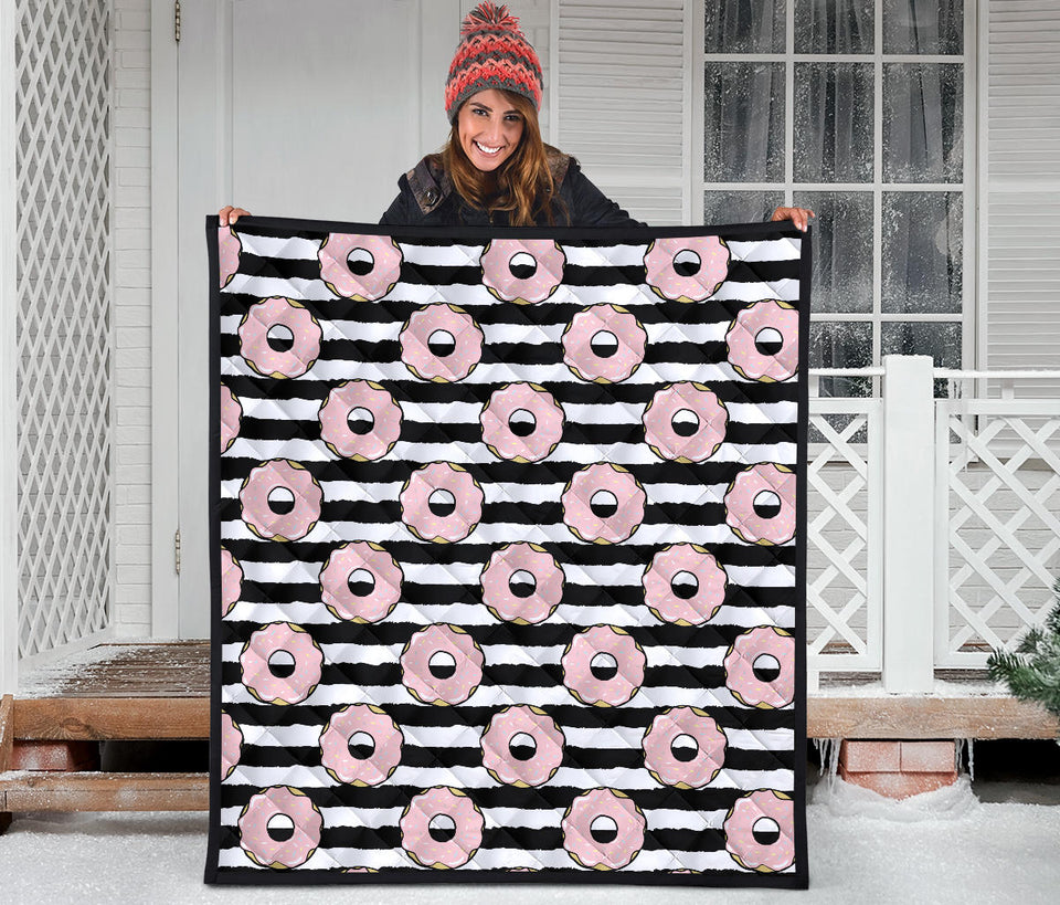 Donuts Pink Icing Striped Pattern Premium Quilt