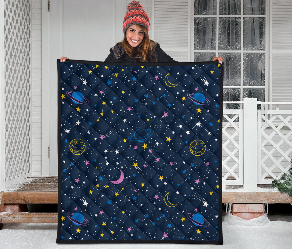 Space Pattern With Planets, Comets, Constellations And Stars Premium Quilt