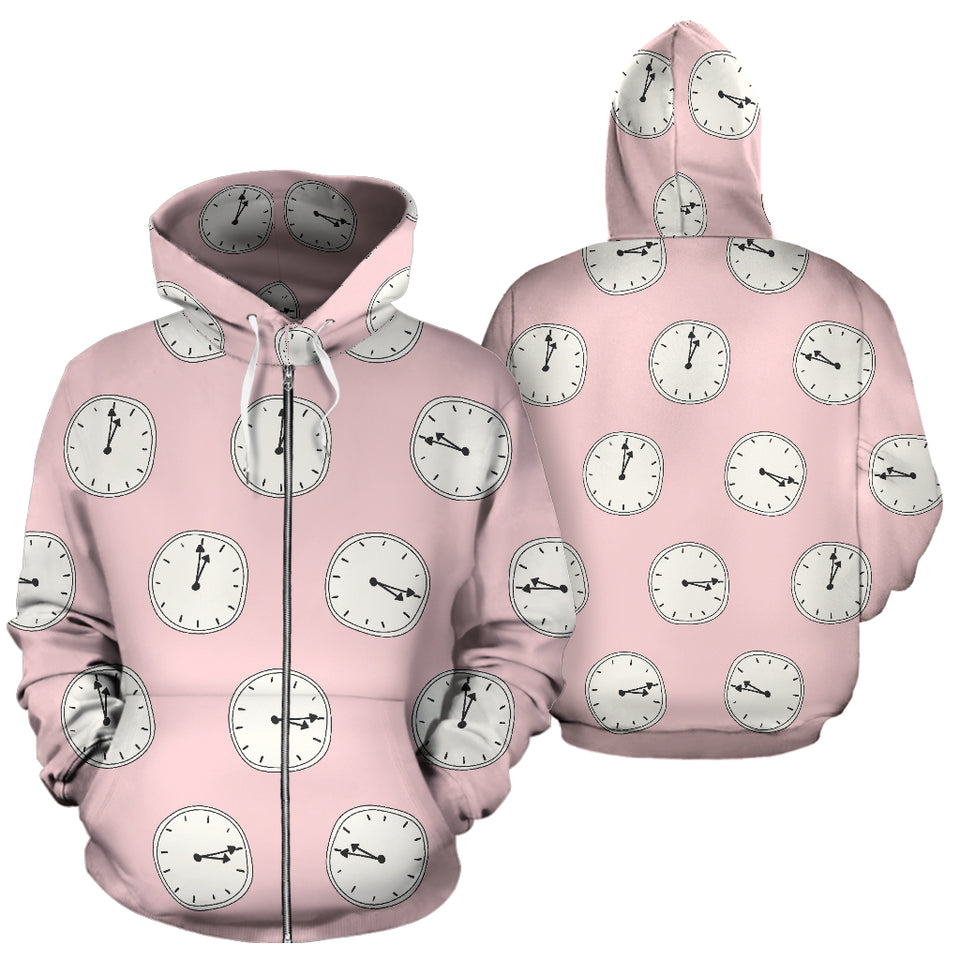 Clock Pattern Pink Blackground Zip Up Hoodie
