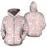 Clock Pattern Pink Blackground Zip Up Hoodie