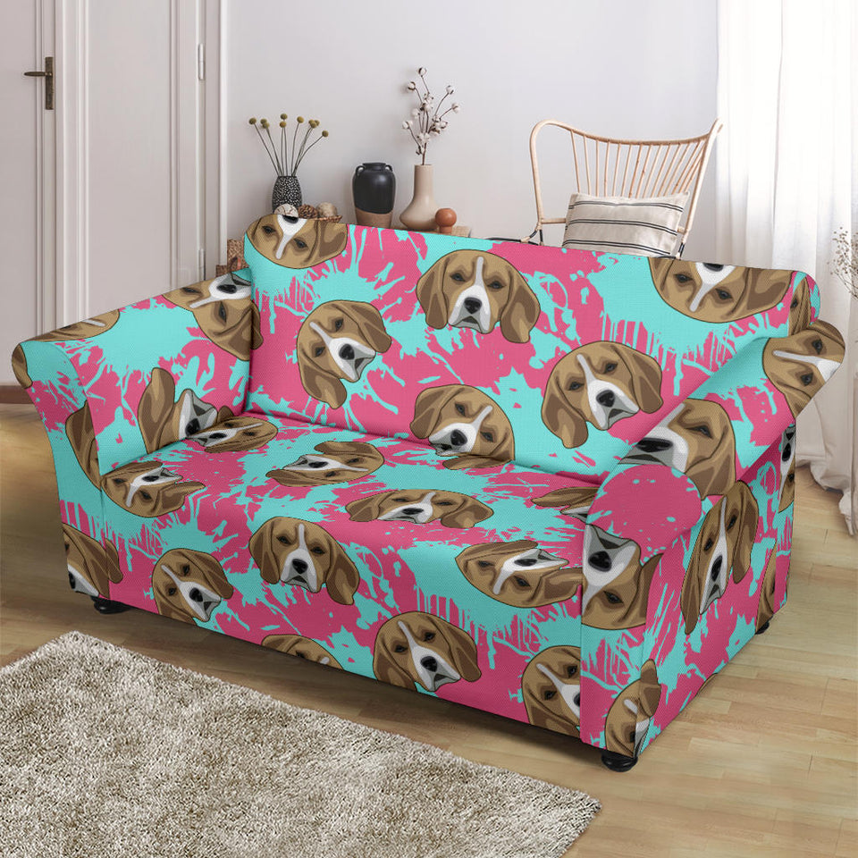 Beagle Muzzles Turquoise Paint Splashes Pink Pattern Loveseat Couch Slipcover