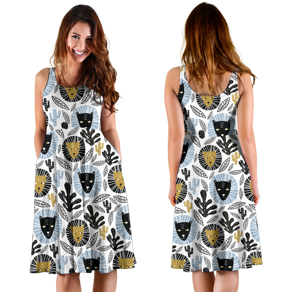 Lion Pattern Print Design 05 Sleeveless Midi Dress