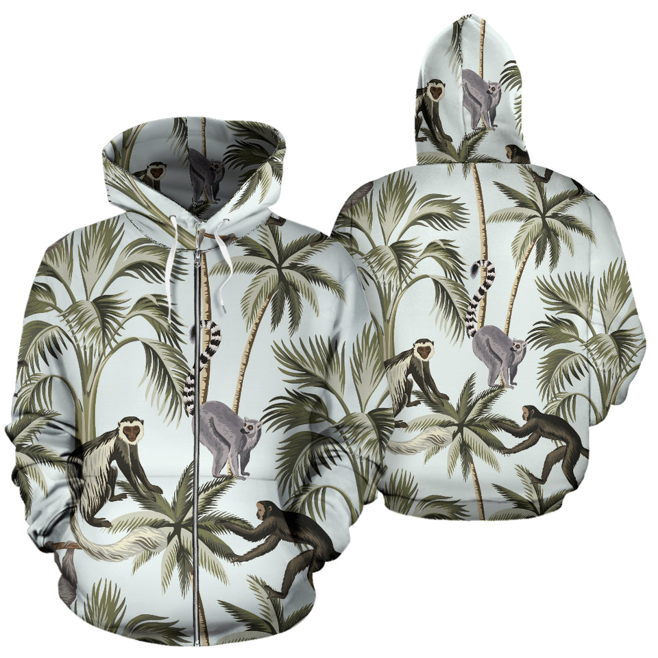 Monkey Sloth Lemur Palm Trees Pattern Zip Up Hoodie