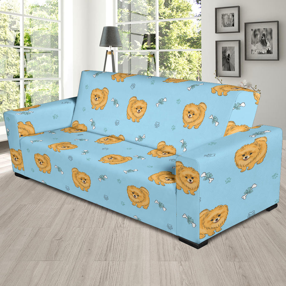 Brown Cute Pomeranian Blue Blackground Sofa Slipcover