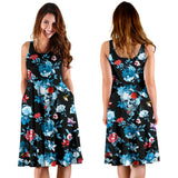 Skull Flower Roses Leave Pattern Sleeveless Midi Dress