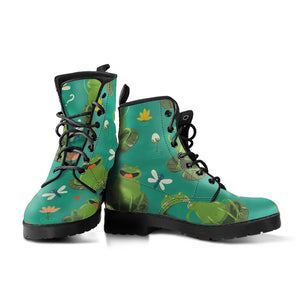 Cute Frog Dragonfly Design Pattern Leather Boots