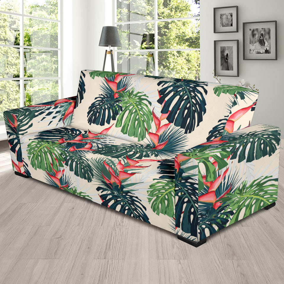 Heliconia Flowers, Palm And Monstera Leaves Sofa Slipcover