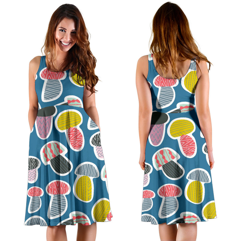 Colorful Mushroom Design Pattern Sleeveless Midi Dress
