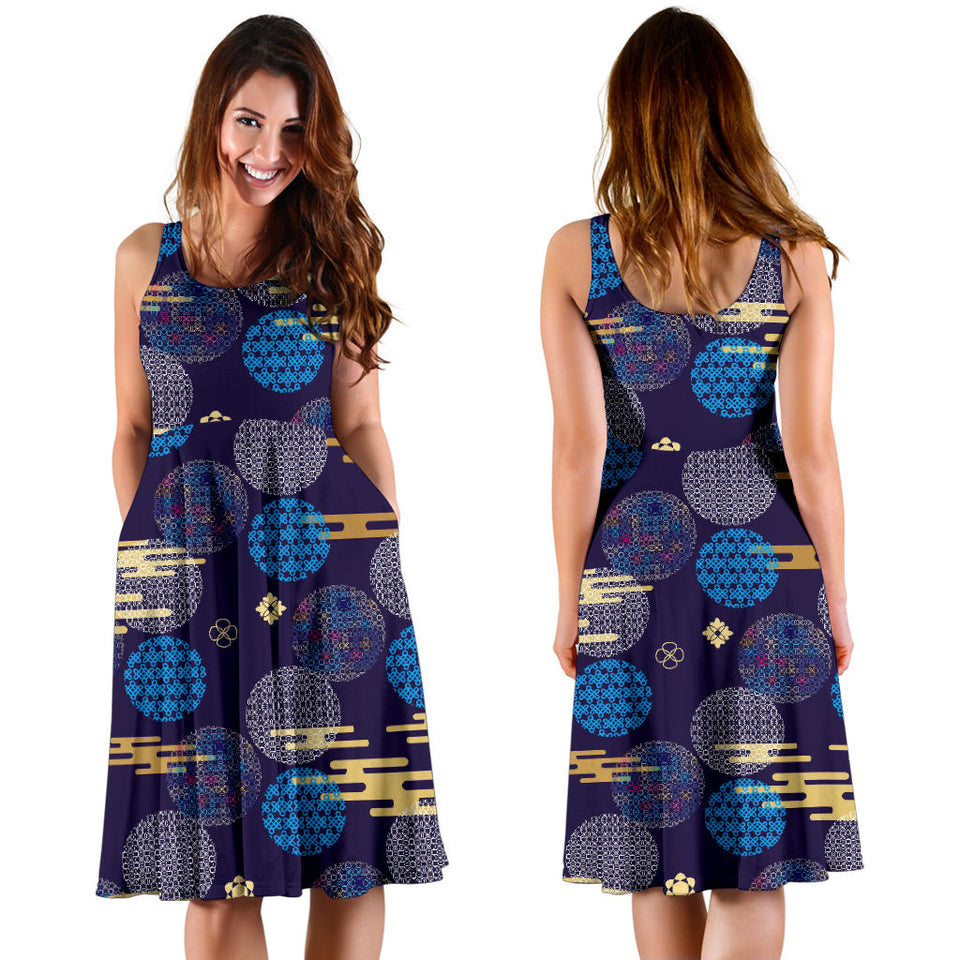 Blue Japanese Pattern Cloud Wave Flower Sleeveless Midi Dress