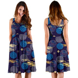 Blue Japanese Pattern Cloud Wave Flower Sleeveless Midi Dress