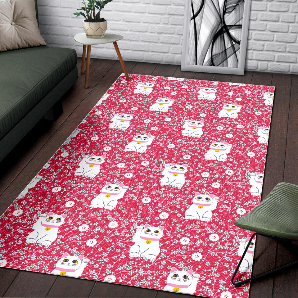 Maneki Neko Lucky Cat Sakura Pink Background Area Rug