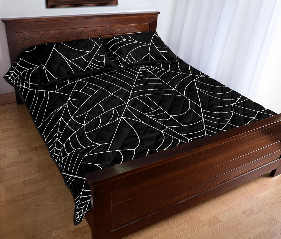 Spider web pattern Black background white cobweb Quilt Bed Set