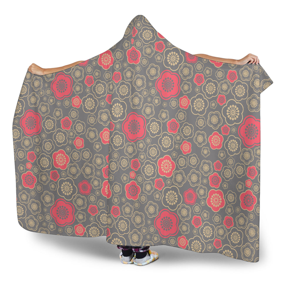 Red Gold Sakura Cherry Blossom Gray Background Hooded Blanket