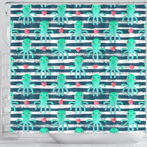 Cute Octopuses Heart Striped Background Shower Curtain Fulfilled In US