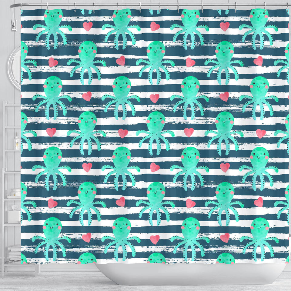 Cute Octopuses Heart Striped Background Shower Curtain Fulfilled In US