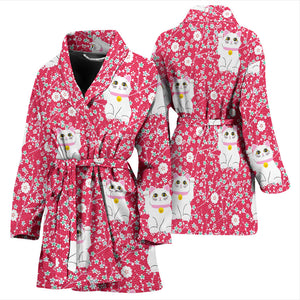 Maneki Neko Lucky Cat Sakura Pink Background Women'S Bathrobe