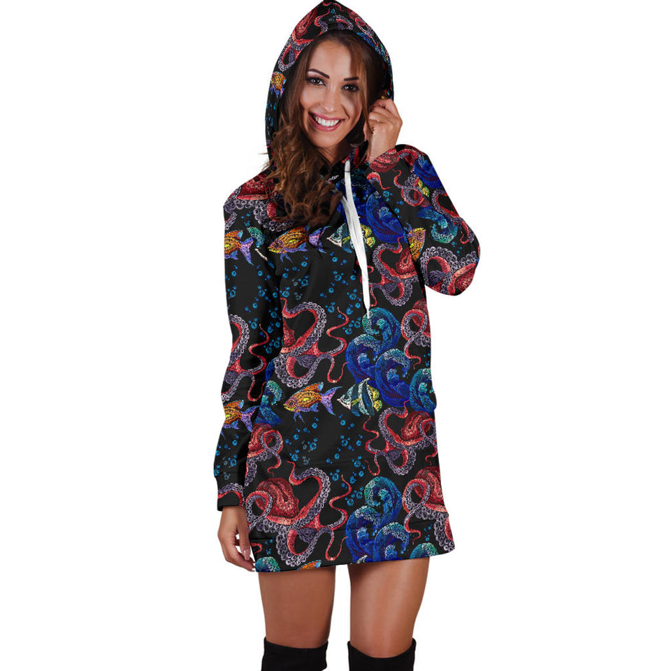 Octopus Sea Wave Tropical Fishe Pattern Women'S Hoodie Dress