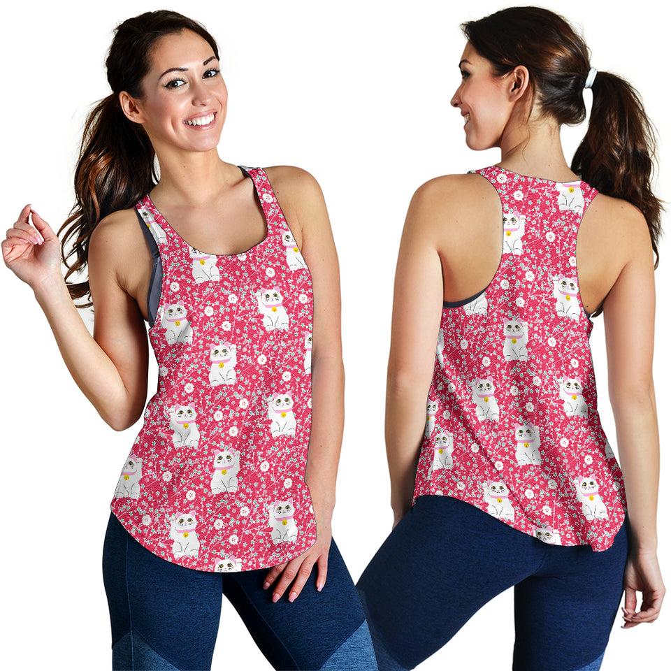 Maneki Neko Lucky Cat sakura pink background Women Racerback Tank Top