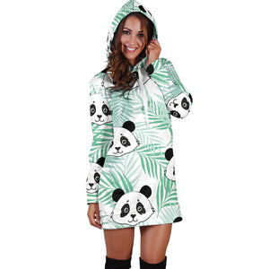 Panda Pattern Tropical Leaves Background Women'S Hoodie Dress