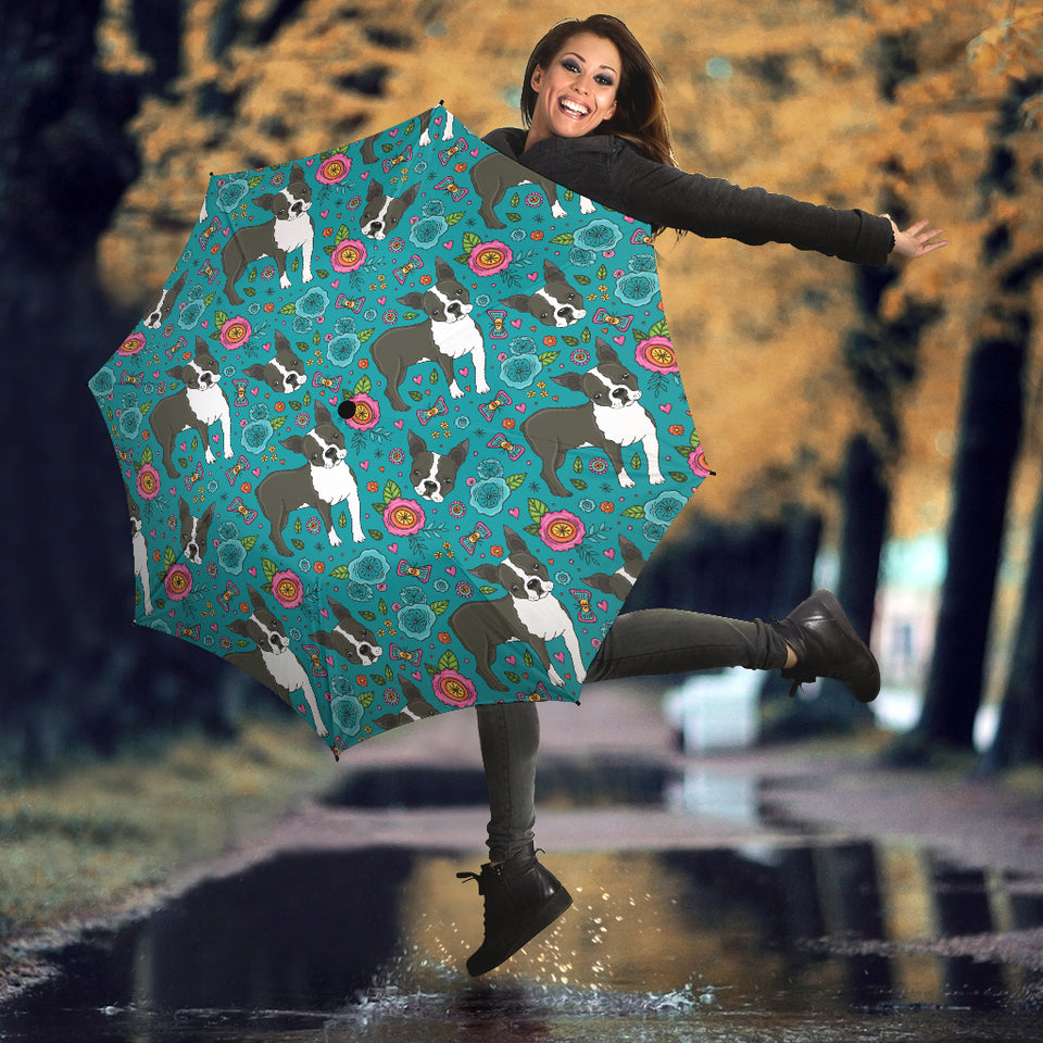 Boston Terrier Beautiful Flower Pattern Umbrella