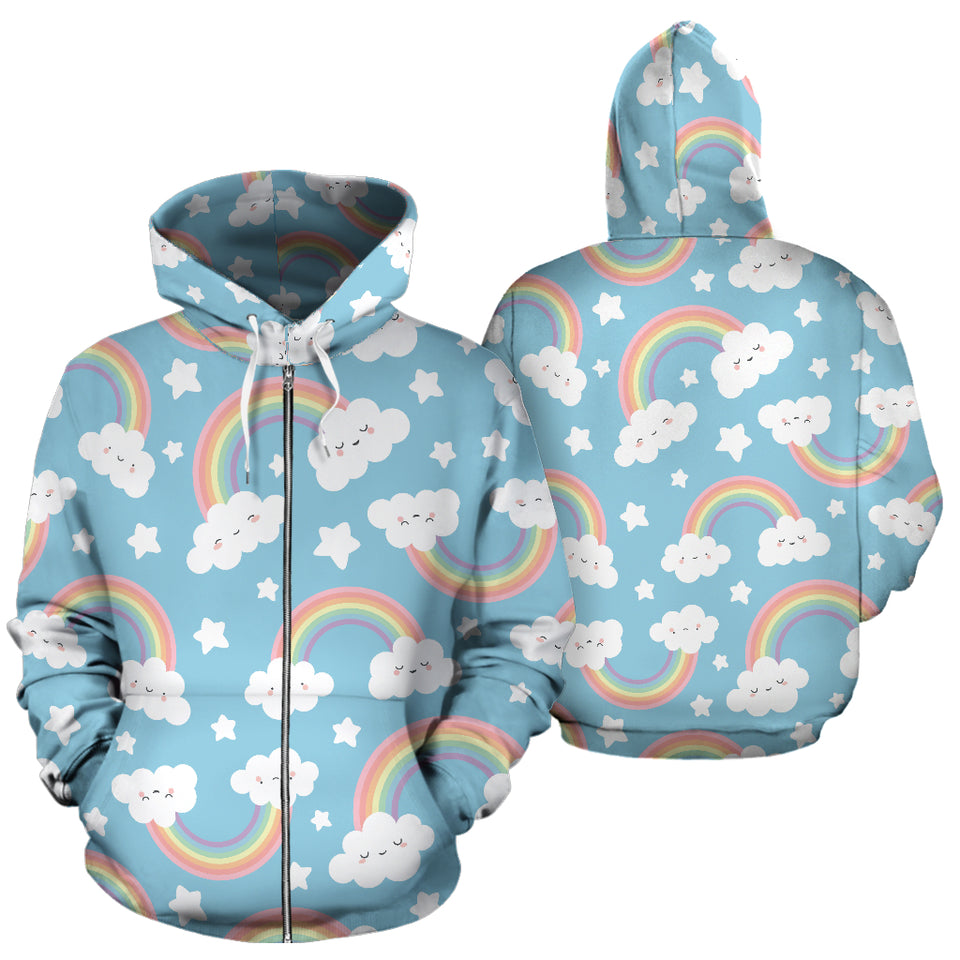 Cute Rainbow Clound Star Pattern Blue Background Zip Up Hoodie