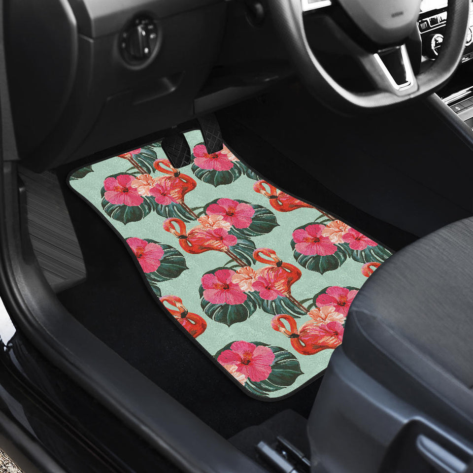 Beautiful Flamingo Tropical Palm Leaves Hibiscus Pateern Background Front And Back Car Mats
