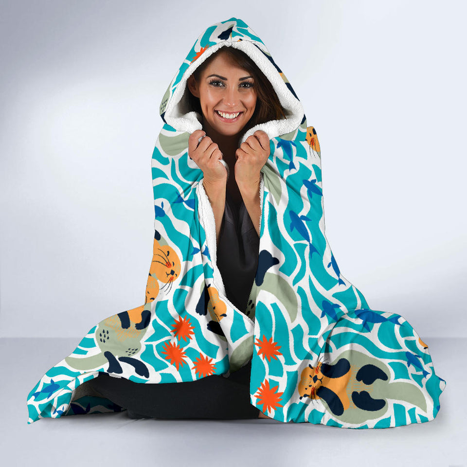 Cute Sea Otters Fishe Sea Urchin Pattern Hooded Blanket