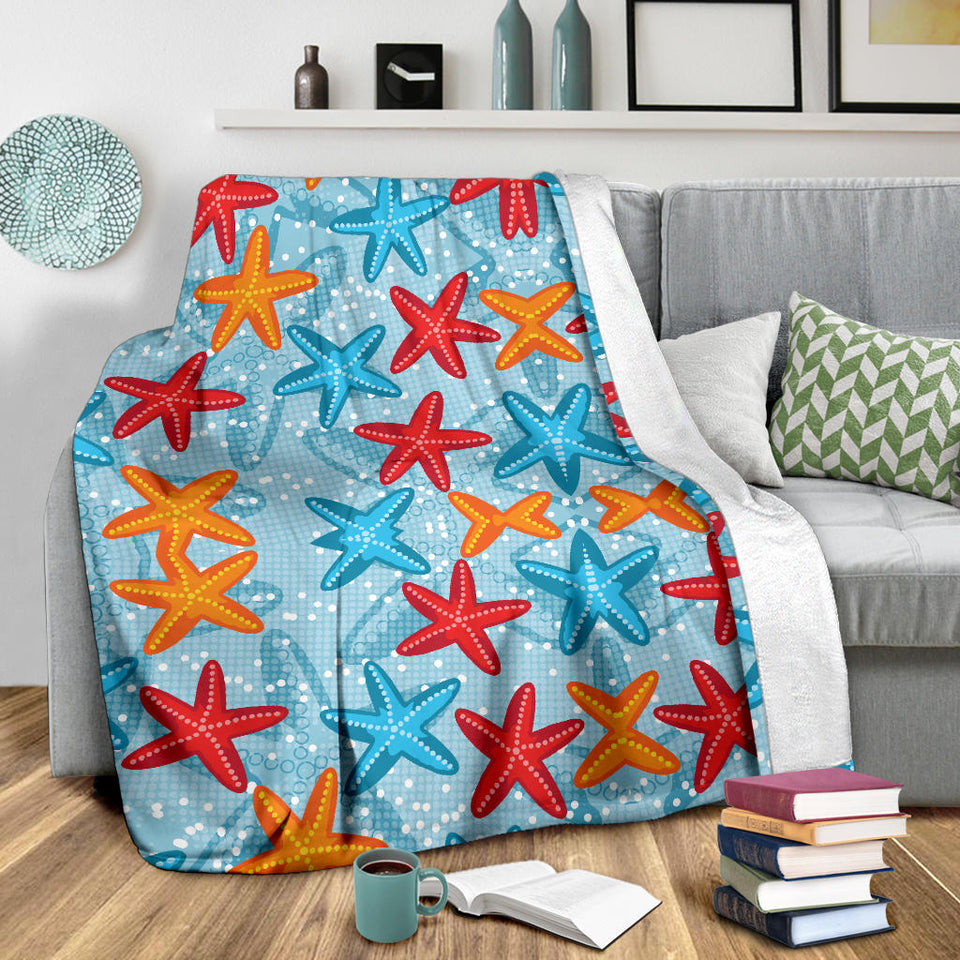 Blue Red Orange Starfish Pattern Premium Blanket