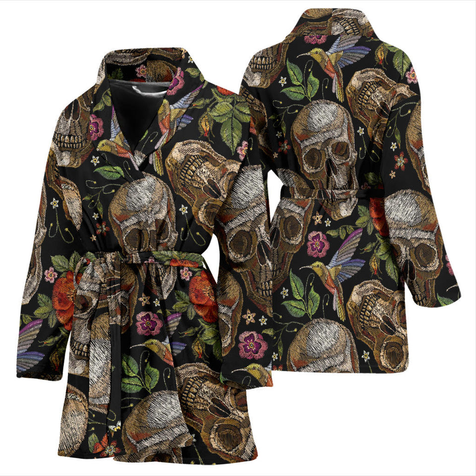 Skull Rose Humming Bird Flower Pattern Women'S Bathrobe