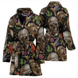 Skull Rose Humming Bird Flower Pattern Women'S Bathrobe