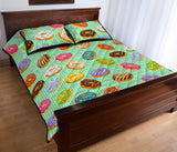 Colorful donut pattern green background Quilt Bed Set