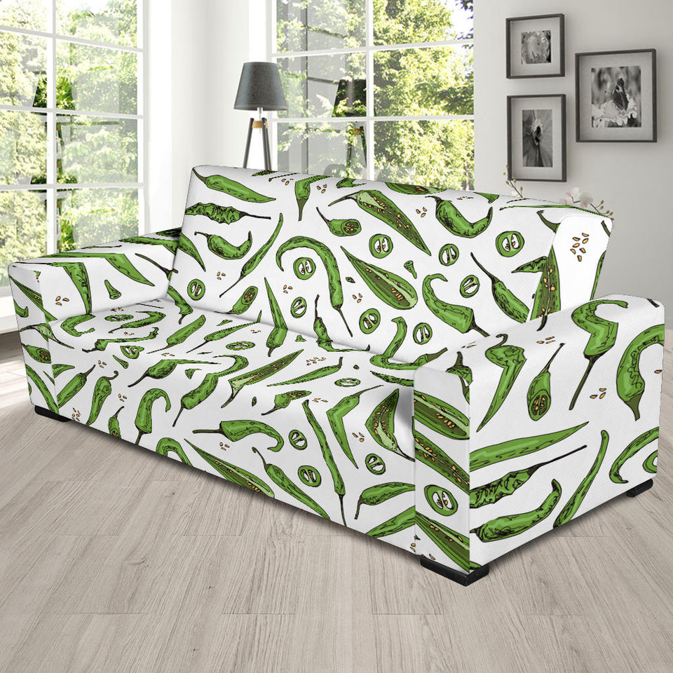 Hand Drawn Sketch Style Green Chili Peppers Pattern Sofa Slipcover
