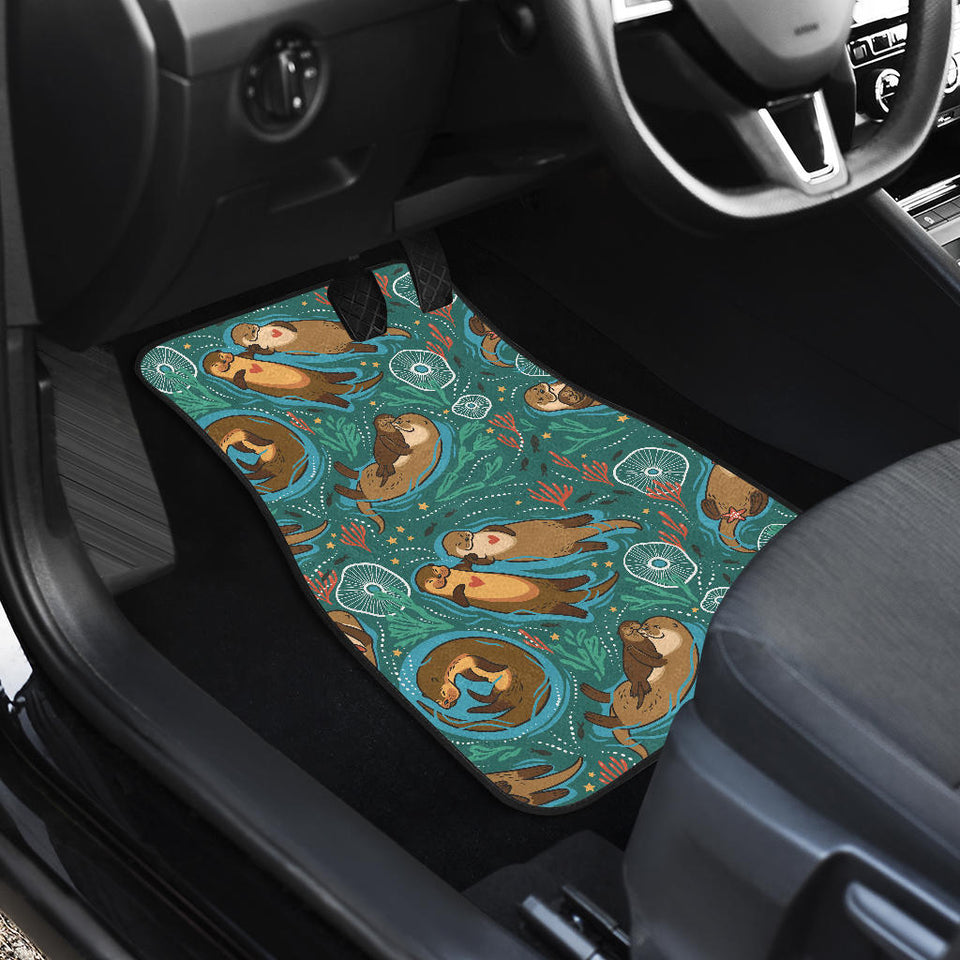Cute Brown Sea Otters Ornamental Seaweed Corals Green Water Front Car Mats