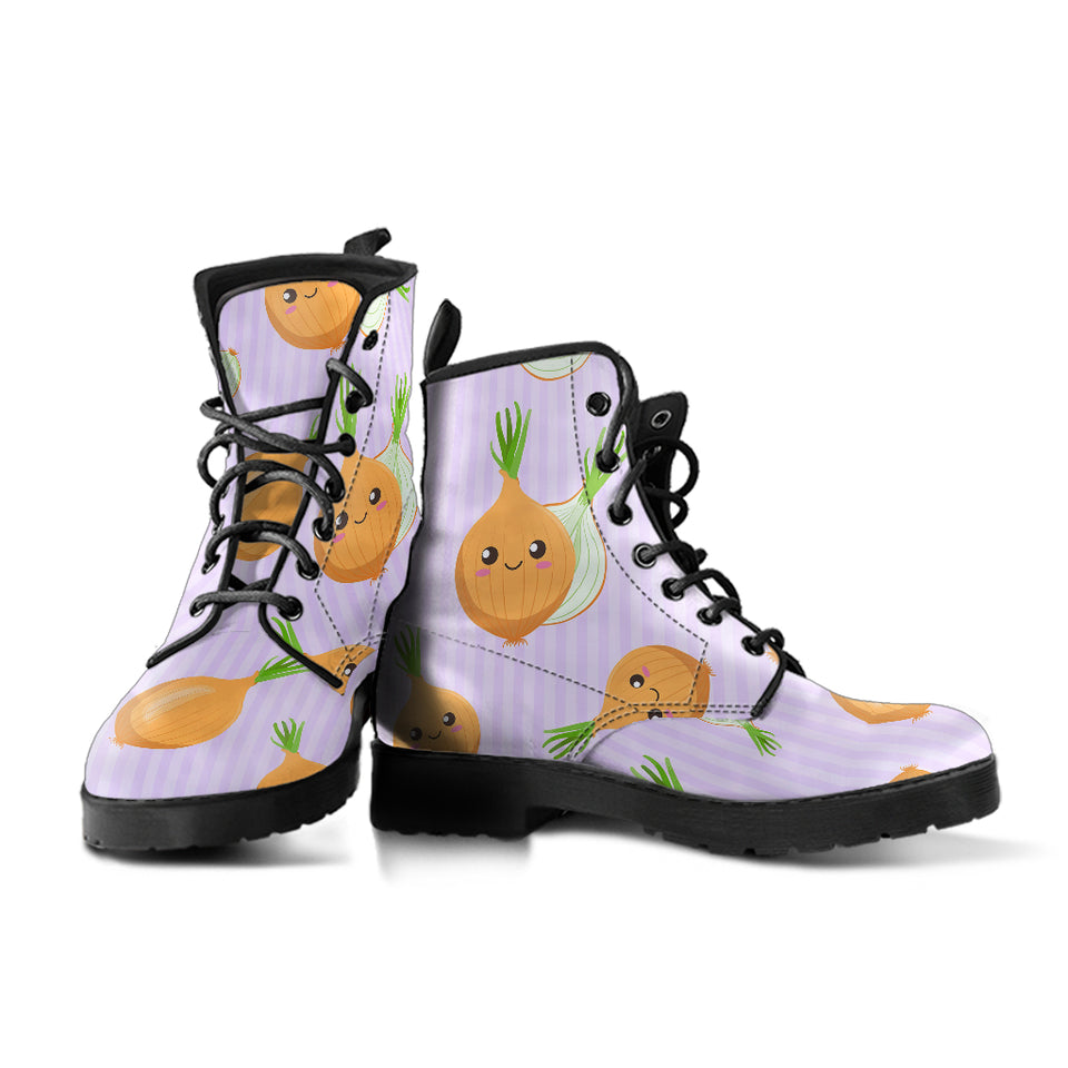 Cute Onions Smiling Faces Purple Background Leather Boots