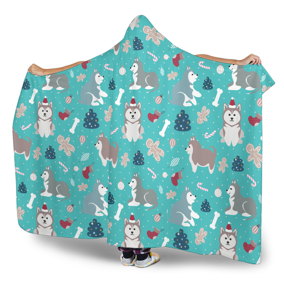 Christmas Cute Siberian Husky Puppie Pattern Hooded Blanket