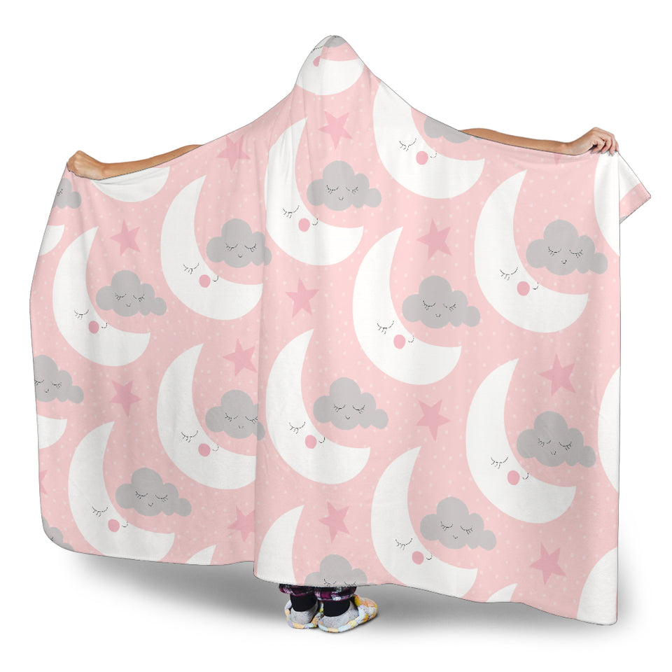 Cute Moon Cloud Star Pattern Pink Dot Background Hooded Blanket