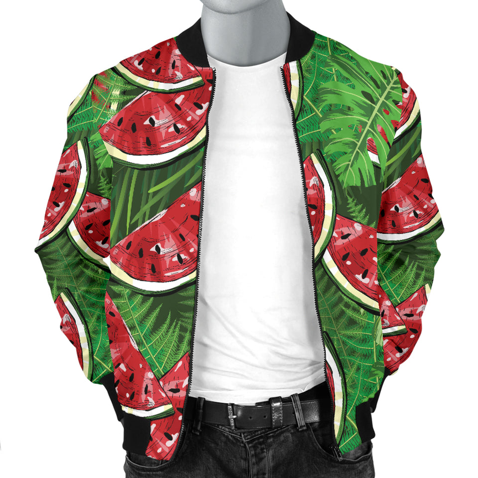 Watermelons Tropical Palm Leaves Pattern Background Men'S Bomber Jacket