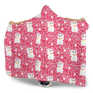 Maneki Neko Lucky Cat Sakura Pink Background Hooded Blanket