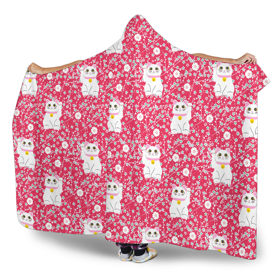Maneki Neko Lucky Cat Sakura Pink Background Hooded Blanket
