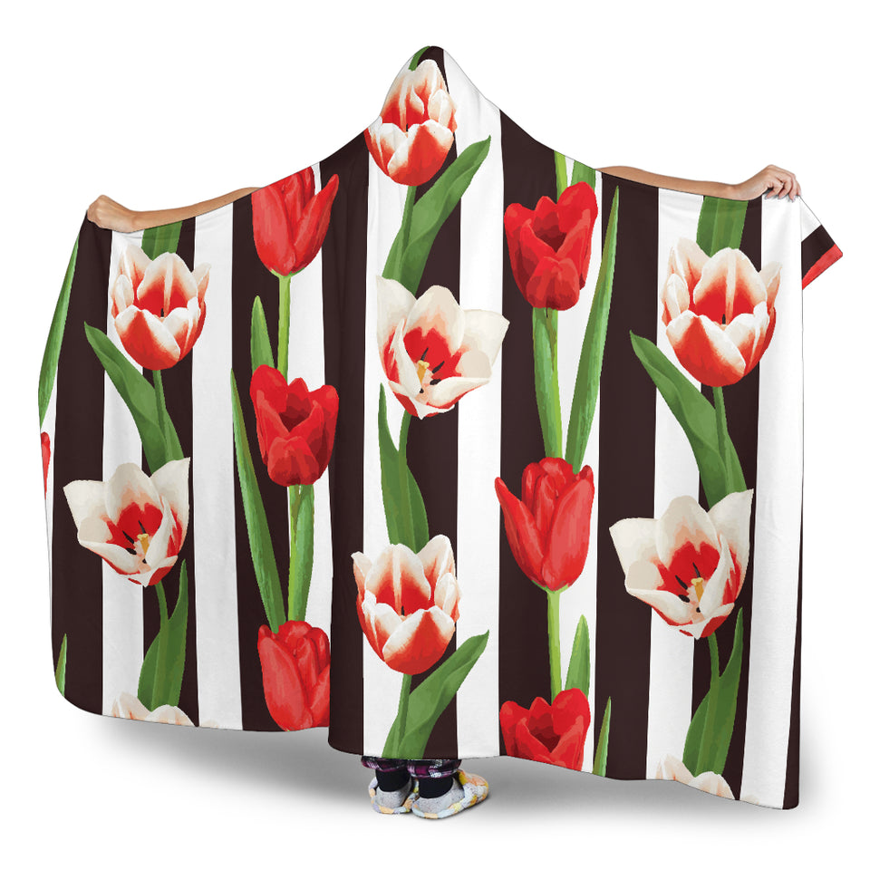 Red And White Tulips Pattern Hooded Blanket