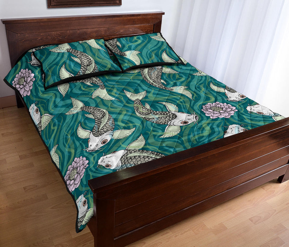 Koi Fish Carp Fish lotus pattern Quilt Bed Set
