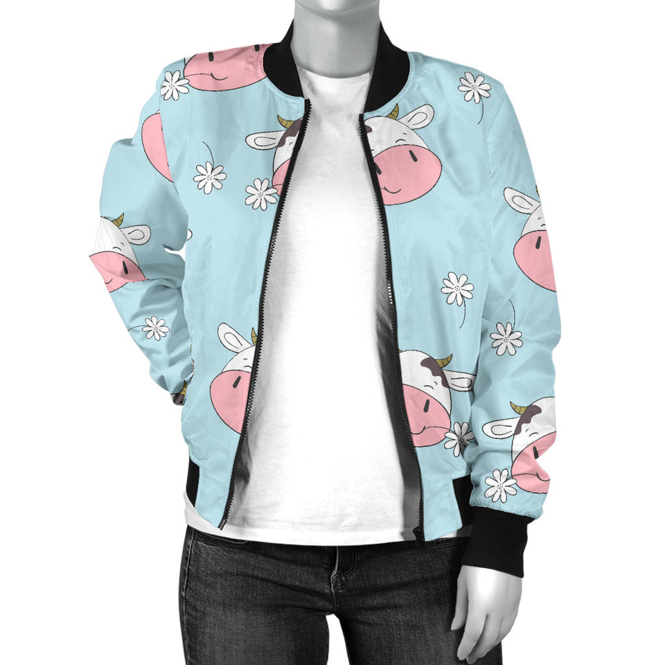 Cute Cow Flower Pattern Women'S Bomber Jacket