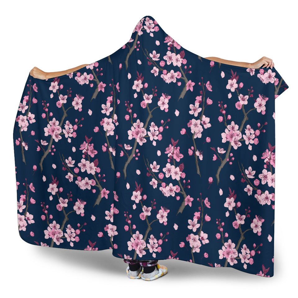 Pink Sakura Cherry Blossom Blue Background Hooded Blanket